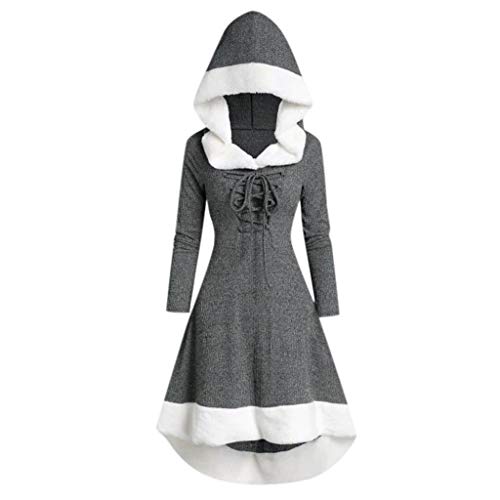 Lazzboy Kostüm Damen Langarm Patchwork Mit Kapuze Vintage Kleid Partykleid Frauen Strickkleid Cocktailkleid A-Linie Kleider Abendkleid Karneval Kostüme Cosplay(Grau,S)