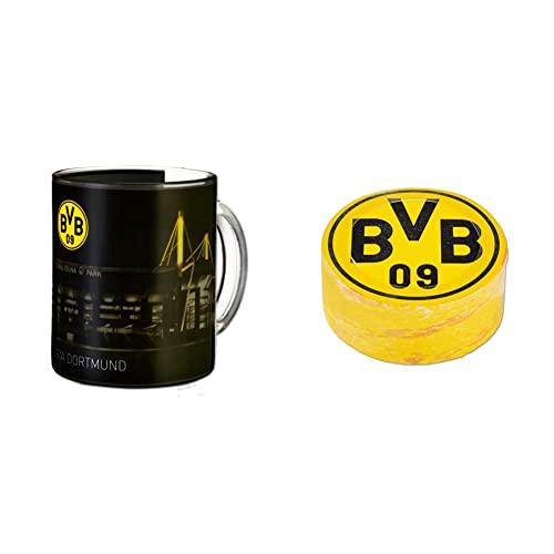 Borussia Dortmund BVB-Zauberglas, 1 Stück (1er Pack) & BVB-Zauberhandtuch (60 x 30 cm), Schwarz/gelb