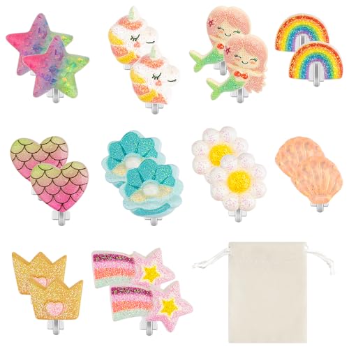 10 Paar Clip Ohrringe Mädchen, Klipp Ohrringe Kinder Mädchen, Glitzer Ohrclips harz, Keine Durchbohrten Prinzessin Ohrringe, Clip On Ohrringe mit Regenbogen, Blume, Meerjungfrau, Krone, Herzform usw.