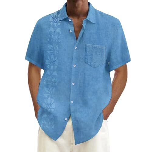 Generisch Herren Baumwolle Leinenhemd Herren Sommer Strand Hemd Freizeithemd Men's Casual Henley Shirts MäNner Hemd Mit Stehkragen Klare natürliche Textur