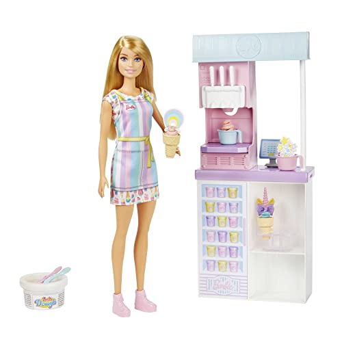 Barbie You Can Be Anything Serie, Eisdiele, 1x Barbiepuppe mit blonden Haaren, Eismaschine, Barbieknete, Backzubehör, Zubehör, Geschenk für Kinder, Spielzeug ab 3 Jahre,HCN46