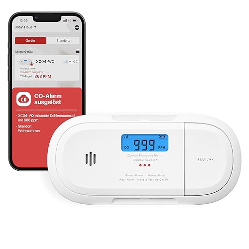 X-Sense Smart-Kohlenmonoxidmelder, WLAN-Kohlenmonoxidmelder, Echtzeit-Push-Benachrichtigungen über X-Sense Home Security-App, austauschbare Batterie, freistehendes Design, XC04-WX