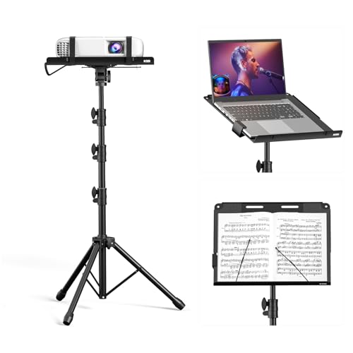 KDD Beamer Ständer - 4 in 1 Notenständer Klappbar Stabil mit Federarm Laptop Bodenständer Tablet Halter mit Schiebehebel - Projector Tripod Stand Höhenverstellbar von 59cm bis 160cm & 180° Drehbar