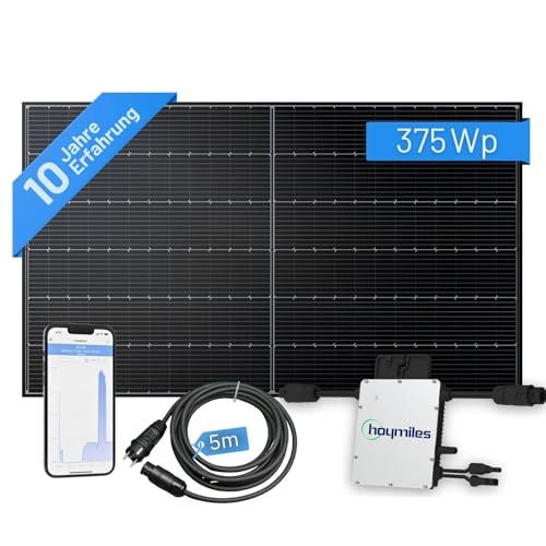 flex-energie Balkonkraftwerk Komplettset I 375Wp Solarmodul, Hoymiles HM-300 Wechselrichter & 5m Kabel I Solaranlage zur Stromkosten-Einsparung & Energiegewinnung auf Terasse, Balkon, Dach