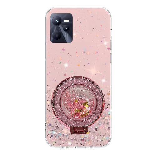 Rnrieyta Miagon Treibsand Ständer Hülle Glitzer für Realme C35,Cute Dünn Crystal Schutzhülle Weiches Bling Transparent Case Bumper mit Flüssig Halter Kickständer