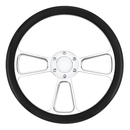 Acclcors Universal Racing Lenkrad, 14 Zoll 6 Loch Silber Aluminium 3 Speichen Klassisches Vintage Lenkrad mit Horn Tasten Leder Griffe für Racing/Rally/Motorsport