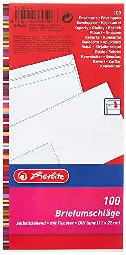 Herlitz Briefumschlag DIN Lang, weiß, selbstklebend mit Fenster, 100 Stück mit Innendruck, eingeschweißt in Folienpackung, 1 Packung