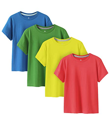 LAPASA Kinder T Shirt 100% Baumwolle 4er Pack Unisex 3-13 Jahre/ 95-165 Jungen Jungs Sport K01 (Rot, Zitronengelb, Grün, Blau, X-Large)