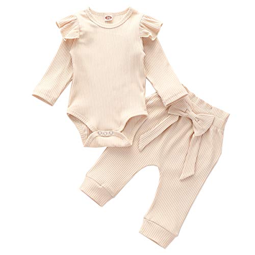 Geagodelia Babykleidung Set Baby Mädchen Kleidung Outfit Langarm Body Strampler + Hose Neugeborene Weiche Einfarbige Babyset T-45461 (Beige, 6-12 Monate)