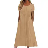 Damen Sommer Midikleid Lässig Kurzarm Strandkleid Lange Elegant Sommerkleid Knielang Tunika Kleider Leicht Luftig Shirtkleid mit Taschen Freizeitkleid A Linie Kleid Angebote des Tages Heute Deal