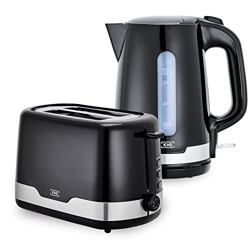 KHG Wasserkocher und Toaster Set 2-teilig | 2.200 & 850 Watt | Frühstücksset mit Kapazität 1,7 Liter & 2 Scheiben Toast | Küchenset mit Kalkfilter & Krümelfach - Klassisch Schwarz