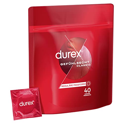 Durex Gefühlsecht Classic Kondome – Perfekter Sitz & leichtes Abrollen – Dünn, befeuchtet, transparent, angenehmer Geruch – 40er Pack (1 x 40 Stück)