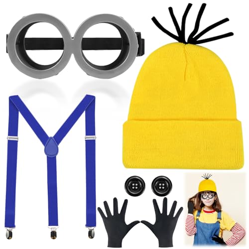 Jeinbuil 5 STK Gelbes Kostüm set für cosplay, Halloween Kostüme für Erwachsene Kinder, 1 Brille Gelbe 1 Mütze 1 Schwarze Handschuhe Set, Kostüm Zubehör für Halloween Karneval Film Kostüm