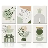 Dazzlewall Salbeigrünes Boho Leinwand Bilder, Minimalistisches Abstraktes Geometrisches Kunstdrucke Wandposter für Schlafzimmer Wohnzimmer Dekor 20x25 cm Ohne Rahmen 6er Set