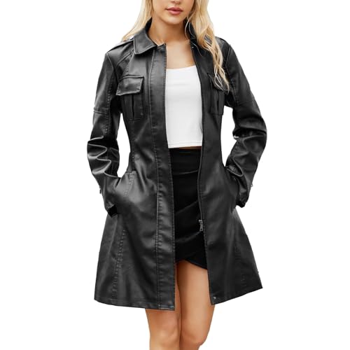 YWLINK Ledermantel Damen Einfarbige Windjacke aus Kunstleder Winterjacke mit Langem Turnkragen Lässiger Langarm Leder Cardigan Übergangsjacke Warmer Oberbekleidung(Schwarz，XXL)