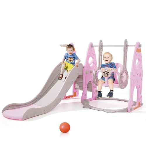 Rutsche Indoor ab 1 2 3 4 5 Jahr, 4-in-1-Kleinkindspielplatz mit Schaukel, Baby Rutsche Kinderzimmer, Gartenrutsche für Kleinkin für drinnen und draußen, Jungen und Mädchen, Hinterhof-Spielsets (Rosa)