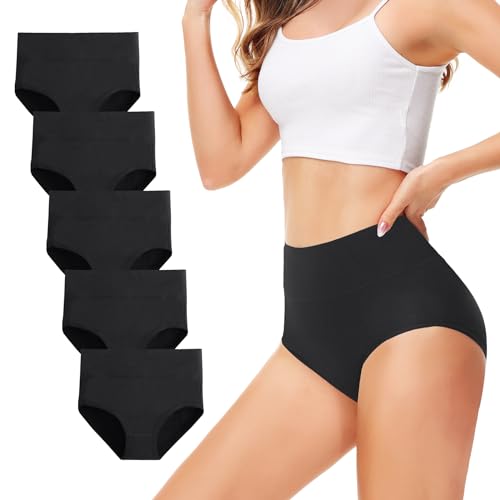 TUUHAW Unterhosen Damen Unterwäsche 5er Pack Slip Miederhose Baumwolle Hoher Taille Atmungsaktive SCHWARZ L