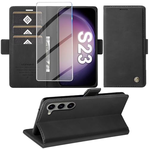 Handyhülle für Samsung Galaxy S23 5G Hülle mit Schutzfolie, Standfunktion Kartenfach Wallet Premium Leder Schutzhülle S23 5G Flip Case Cover Stoßfeste Klapphülle S23 5G 6.1 Zoll (Schwarz)