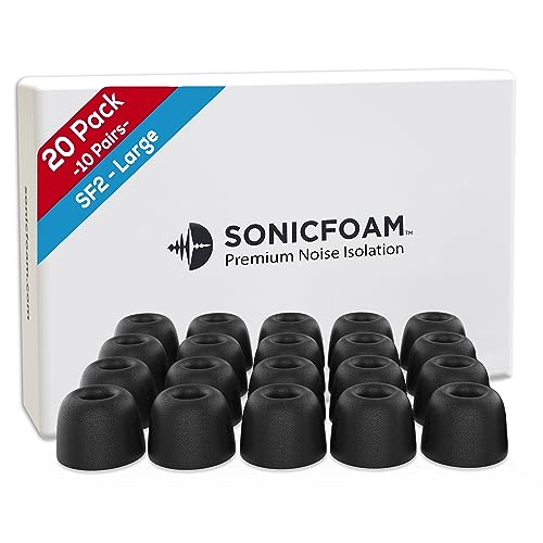 SONICFOAM Memory-Schaum-Ohrhörer-Aufsätze – Prämie Geräuschisolierung, Ersatz-Ohrhöreraufsätze aus Schaumstoff, 20 Stück für In-Ear-Kopfhörer (SF2 groß, Schwarz)