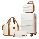 KONO Reisekoffer Set Gepäcksets 4 Teilig Kofferset, 55cm Handgepäck mit Beautycase Kosmetikkoffe mit handgepäck Reisetasche mit Kulturbeutel (Creme Weiß)