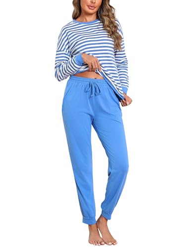 Bresdk Schlafanzug Damen Lang Pyjama Set Langarm Baumwolle Winter Nachtwäsche Frauen Kobaltblau L