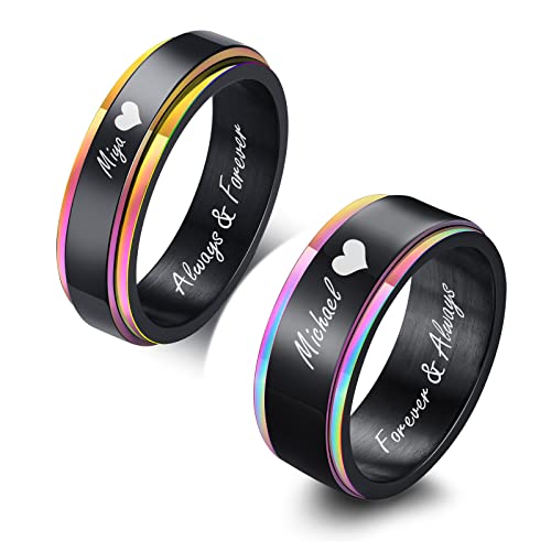 FLHEART Personalisierte Paar Ringe - Custom Gravur Edelstahl Regenbogen Belvedere Spinner Design Fidget Hochzeit Band Versprechen Verlobungsring für erren Damen Seine und ihre Paar Ring Satz