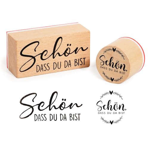 BETESSIN 2 Stück Stempel Holz Schön dass du da bist Holzstempel Rund Rechteck Motivstempel Set zum Kartenbasteln Sprüche Stempels Textilstempel für Einladung Grußkarte Geschenkverpackung Scrapbook