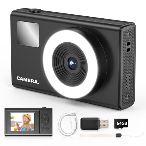 Vintage Digitalkamera Kinder 64GB Karte, Kompaktkamera Kinderkamera Fotoapparat Digitalkamera Mini Retro Digitalkamera Fotos Kleine für Kinder, Teenager, Anfänger, 4K FHD 48MP, Licht Füllen
