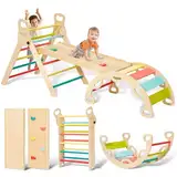 Giant bean 5-in-1 Montessori Kletterdreieck mit Kletterbogen und Rutsche, Holzdreieck für Kleinkinder ab 2-5, Indoor Kletterspielzeug, Regenbogen mit Griff, Hellbraun, M