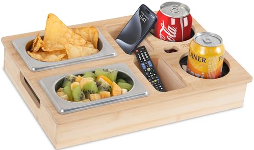 Stagecaptain CBW-45 NT Couchbar - Snackbar aus Bambus für Wohnzimmercouch - Praktische Griff-Aussparungen - 7 Staufächer für z. B. Snacks und Getränke sowie Flaschenöffner - Becherfixierung aus Gummi