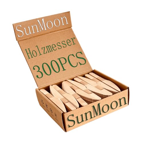 SunMoon Eco Friendly 300 Pack Holzmesser Wegwerf, 16cm lang, Kunststoff freie Verpackung, Ersatz für Kunststoff und Bambus Gabeln, Wegwerfmesser für Parteien, Camping, Hochzeiten, Garten