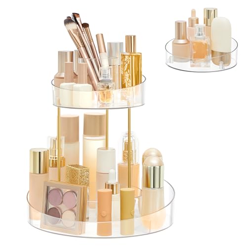 SONGMICS Make-up Organizer drehbar, mit extra Tablett Oben, Kosmetik-Organizer rund 2 Ebenen, Schmink-Aufbewahrung, geräumig, für Schminktisch, Schlafzimmer, Küche, transparent JKA027W02