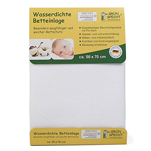 GRÜNSPECHT Wasserdichte Betteinlage 50x70cm, Matratzenschutz, 100 % Baumwolle mit PU-Kern, kochfest & trocknergeeignet, wasserdicht & urinundurchlässig (163-00), Weiß