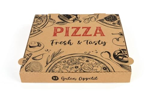 Hypafol Pizza-Box 100 Stück 32x32x4cm I Pizzakartons für Restaurants I extra Luftlöcher & raffinierte Falzung I lebensmittelecht I recycelte Kartonage I braun I viele Größen