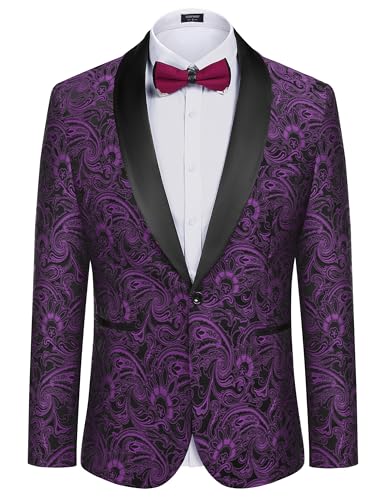 COOFANDY Herren-Smokingjacke mit Blumenmuster, schmale Passform, luxuriös, bestickt, Anzugjacke für Party, Abendessen, Hochzeit, Violett, L