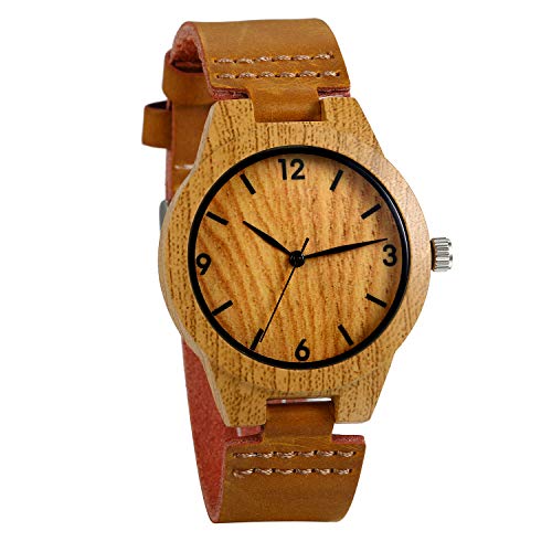 JewelryWe Damenuhr Analog Quarz Armbanduhr Retro Holzmaserung Uhren mit Echleder Leder Armband