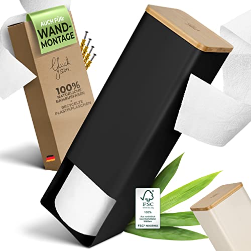 Glückstoff® Toilettenpapier Aufbewahrung [Wandanbringung möglich] aus Bambus 4 Rollen | Klopapier Aufbewahrung Bad | Ersatzrollenhalter | Aufbewahrungsbox Badezimmer WC-Papier Schwarz