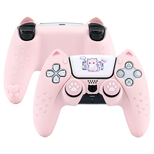 GeekShare Pink Cat Paw PS5 Controller Skin Grips Set Anti-Rutsch-Silikon-Schutzhülle Case Joystick-Kappen für Playstation 5 Wireless Controller Zubehör-Kit