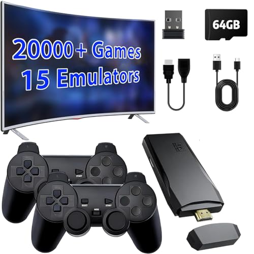 Whatsko Retro Game Stick 64GB Kompatibel mit 20000 Spiele + 2 Bluetooth Gamepads, Retro Konsole M8, USB Wireless Console Game Stick, TV Spielkonsole Mini Game Stick 4K HD-Ausgang