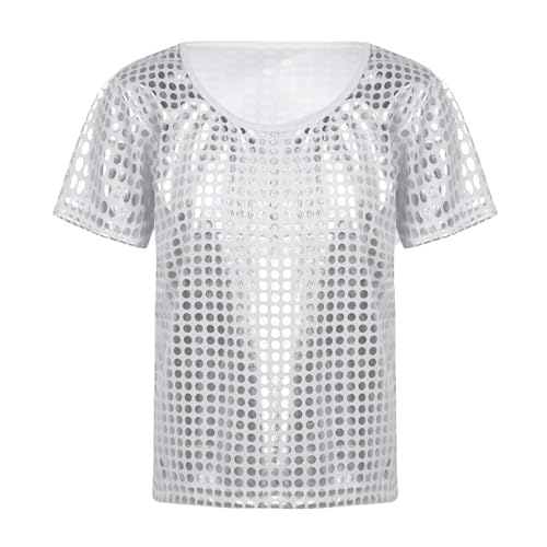 Pailletten Oberteil Kinder, Ärmellos Kurz Glitzer Top Junge Mädchen Pailletten Hemd Metallic Shirt Festliche Oberteil Karneval Kostüm Glänzend Party Disco Tshirt Tanz Neon Outfit (Silver, 6-7 Years)