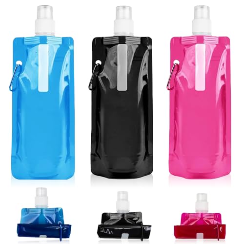 Aoreun 3 Stück Faltbare Trinkflasche, 480ml Tragbarer Zusammenklappbare Wassersack Flexibl Wasser-Flasche Wiederverwendbare Wasserflasche mit Karabiner für Wandern, Outdoor-Sport, Abenteuer, Radfahren