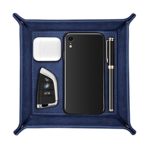 SITHON Taschenleerer - Tablett Organizer, Ablage Aufbewahrungsbox, Kunstleder Ablageschale Schlüsselschale für Uhren Handy Schmuck Schlüssel Münzen Geldbörse und Büroausstattung, (Dunkelblau)