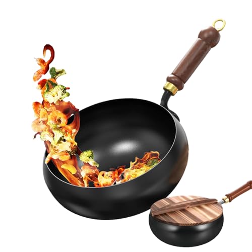 Japanische Eisenpfanne | 28 cm Eisenpfanne Geschmiedet | Japanische Pfannen ohne Beschichtung mit Holzdeckel | Non Stick Unbeschichtete Pfannen Woks Kochutensilien für Restaurants und Home
