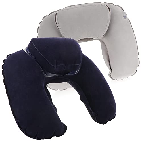 com-four® 2X Aufblasbares Nackenstützkissen - Praktisches Nackenhörnchen zum Aufpusten - Ideales Reisekissen für unterwegs - mit erhöhter Nackenstütze (Erhöht - 2 Stück - grau dunkelblau)