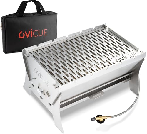 ovicue Grill klein M | Mobiler Steck-Gasgrill – Tragbarer Edelstahlgrill mit Stecksystem – Gas- & Holzkohlebetrieb – Inkl. Tragetasche – Perfekt für Camping, Balkon, Garten & Outdoor