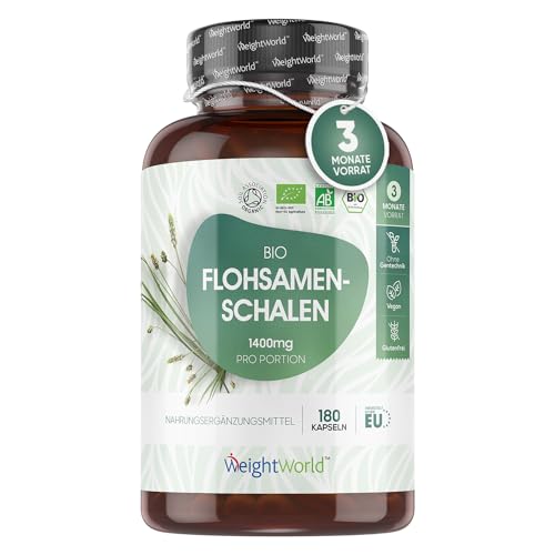 Bio Flohsamenschalen 1400mg gemahlen - 180 Präbiotika Kapseln - Indische Flohsamen - Probiotika für 3 Monate - Ballaststoffe - Psyllium Husk - Fiber Supplement - Flohsamenschalenpulver - WeightWorld