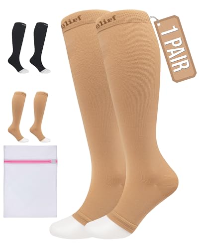 360 RELIEF Ohne Zehen Kompressionsstrümpfe Damen und Herren - 15-20mmHg Stützstrümpfe fur Flug, Reise, Krampfadern - Klasse 1 Offene Spitze Thrombosestrümpfe L-XL Beige mit Wäschenetz