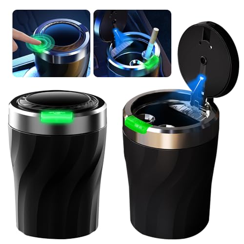 PLLYPE Aschenbecher Auto, 2 Stück Aschenbecher mit Deckel, Aschenbecher mit LED Licht für Auto, Büro, Haus, Camping, Outdoors