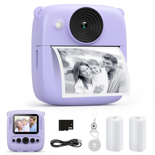 CalineGam Kinderkamera Sofortbildkamera, 48MP Sofortbildkamera Kinder mit 32GB Karte & Druckpapier, 1080P Digitalkamera Kinder, Geschenke für Jungen und Mädchen 3-12 Jahre(Lila)