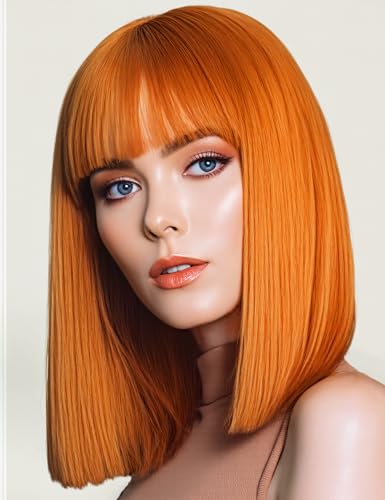 PARXITN Kurze Bob Orange Haar Perücken Gerade mit Flach Pony 12 zoll/30 cm Synthetische Bunte Cosplay Tägliche Party Perücke für Frauen